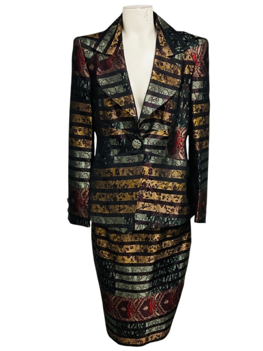 Christian Lacroix Vintage Burgundy Multi Metallic Striped Jacquard Jacket and S